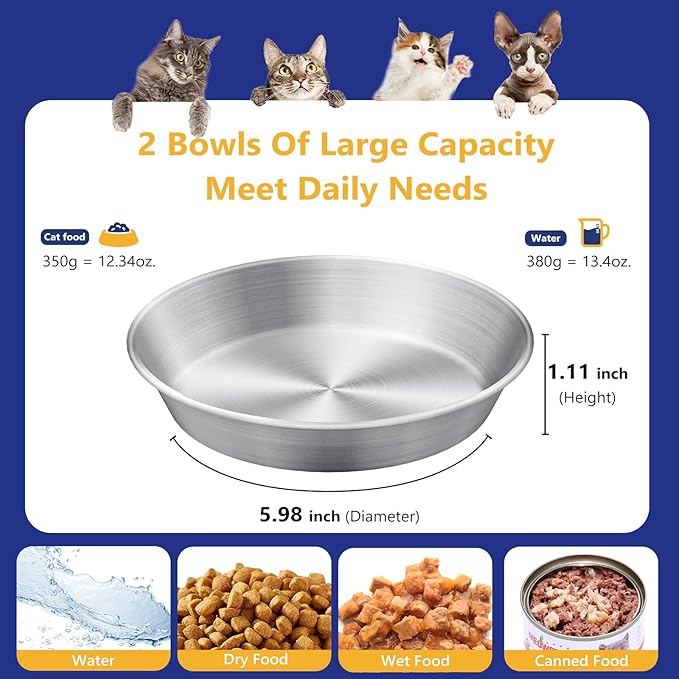 6-Pack 304 Stainless Steel Cat Food Bowls, Non-Slip Basic Dishes | Shallow Whisker-Friendly Silicone Water Metal Bowls, Easy to Clean Indoor Flat Plates for Cat, Kitten, Small Dog (5.9")