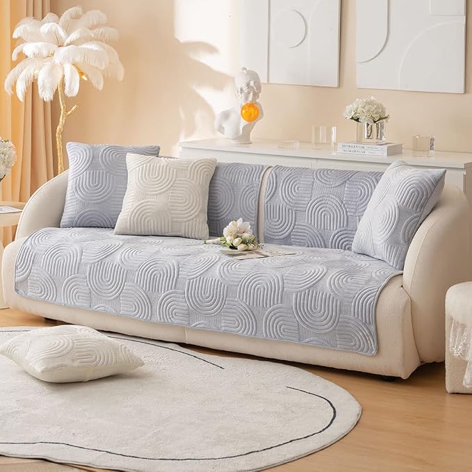 Soft Plush Geometric Quilted Couch Sofa Cover Boho Non Slip Fuzzy Sectional Couch Cover Solid Color Washable Sofa Slipcover Furniture Protector for Kids Dogs Cats (Gray,28"x28")