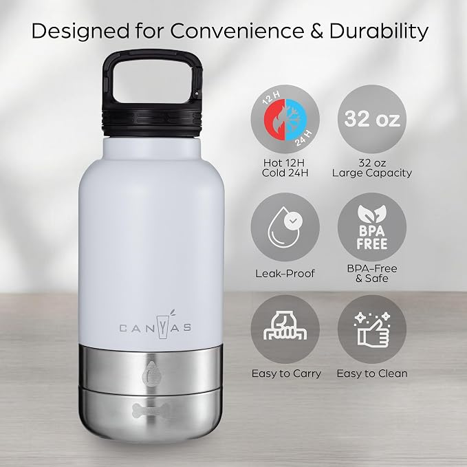 32oz Insulated Dog Water Bottle, Leak Proof with Food & Water Bowls | Leak-proof stainless steel bottle with detachable BPA-free food & water bowls; keeps water cold 24h for hiking, walks, travel