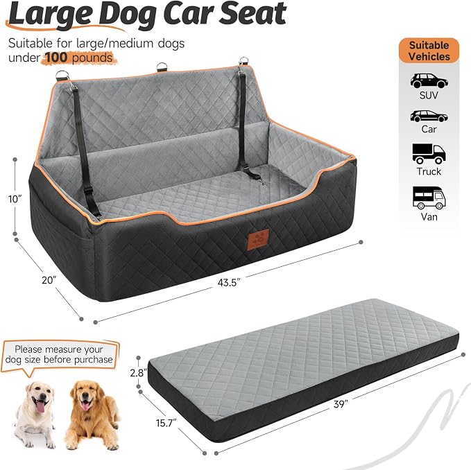XIEEAOZEE Large Dog Car Seat, Memory Foam Dog Car Bed for Backseat & Trunk, Washable Pet Booster Seat Under 100 lbs or 2 Medium Dogs, Pet Travel Seat with Storage Pockets, 2 Safety Belts