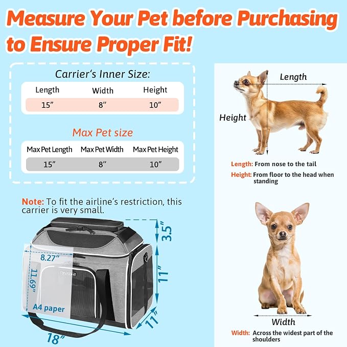 Petskd Top-Expandable Small Pet Carrier 18"x11"x11" Airline Approved | for Delta/American/United Airlines, Lockable Safety Zippers and Anti-Scratch Mesh, Soft-Sided, Pets Under 10 Lbs, Grey