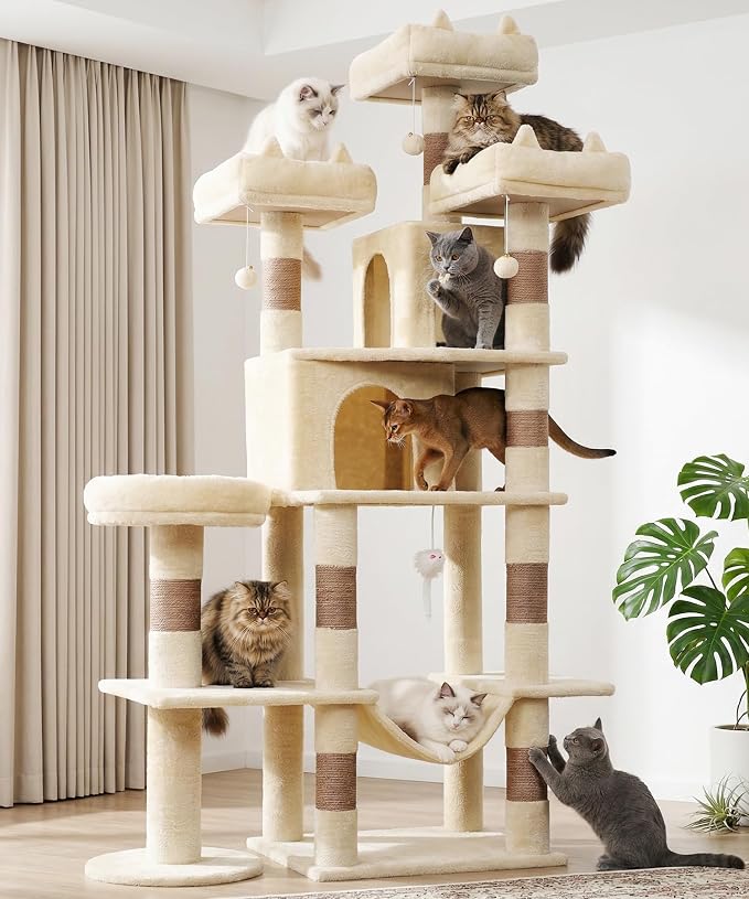 71 Inch Cat Trees for Large Cats, Heavy Duty Cat Tree Tower | Cat Condos for Indoor Cats Large Adult with Cat Scratching Post & 2 Condos, 9 Sisal Posts & Hammock, Beige