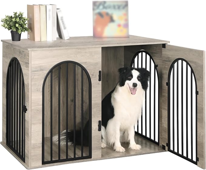 Hzuaneri 44.1" Wooden Dog Crate Furniture, Indoor Dog Kennel Dogs Cage for Small/Medium/Large Dogs, Heavy Duty Dog Crates Decorative Pet House End Side Table TV Stand, Greige Black DFC83905B