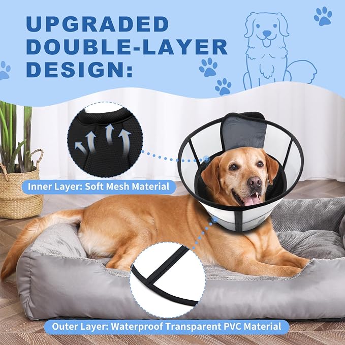 WinWeal Upgraded Soft Dog Cone Collar for Large Medium Dogs After Surgery – Adjustable Transparent Recovery Collar, Breathable Elizabethan E-Collar for Wound Healing & Anti-Licking (L, Black)