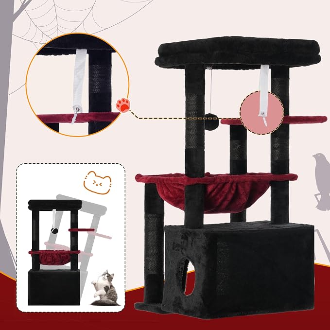Heybly Cat Tree, Kitten Tower with Large Soft Cat Basket HCT008SBR | Cat Condo with Spacious Cat Bed Cave with Hidden Space, Sisal Scratching Posts, Dangling Ball for Indoor Cats, Black and Red