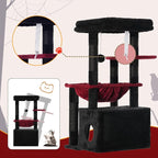 Heybly Cat Tree, Kitten Tower with Large Soft Cat Basket HCT008SBR | Cat Condo with Spacious Cat Bed Cave with Hidden Space, Sisal Scratching Posts, Dangling Ball for Indoor Cats, Black and Red