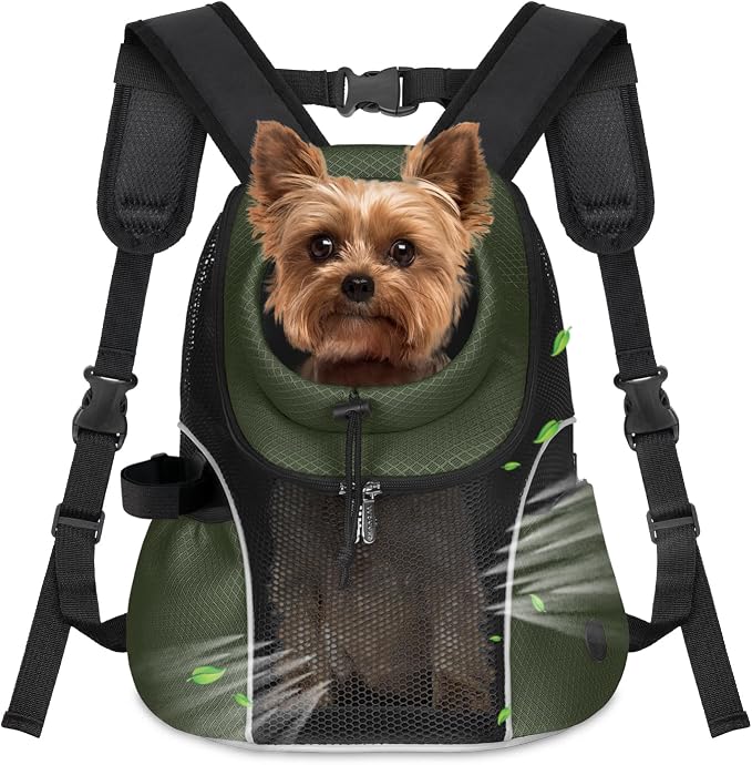 WOYYHO Pet Dog Carrier Backpack, Ventilated Mesh Small Dog Front Backpack | Breathable Puppy Back Pack, with Safety Belt, Storage Pockets, for Travel Hiking Cycling Outdoor Adventures, Army Green, S