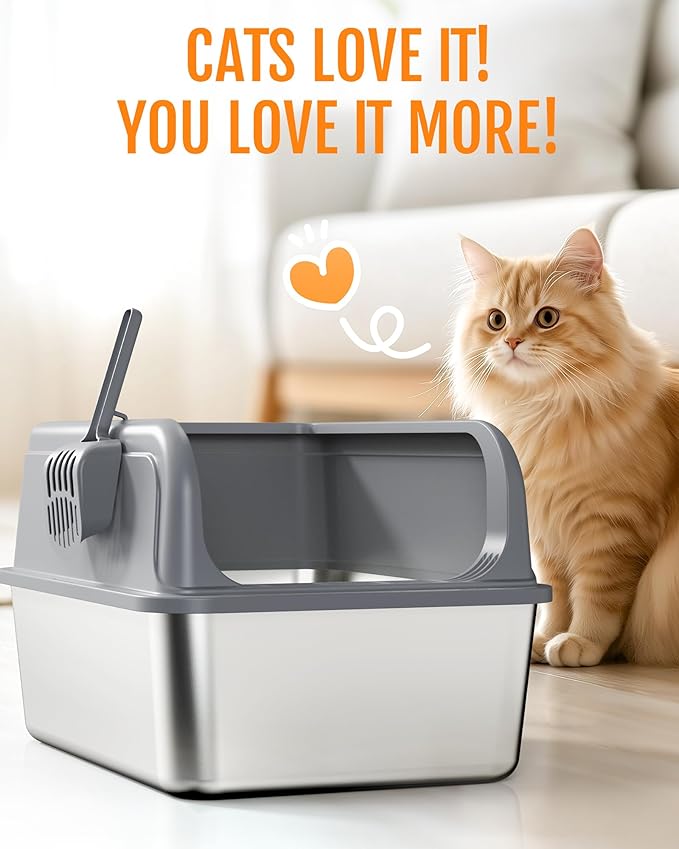 Powools Stainless Steel Cat Litter Box, High-Sided, Grey, XXL (1 Pack) | Metal Litter Box with Scoop, Anti-Leakage Top Entry, Non-Sticky, Easy to Clean, 8-Inch Splash-Proof Deep Pan