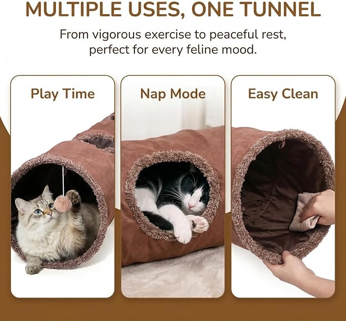 51"x 12" Collasiple Cat Play Tunnel, Cats Tubes and Tunnels, Cat Foldable Hide and Seek Tunnel Toy, Brown Suede Pet Tube Toy for Rabbits, Ferrets, Puppy, Diameter 12 Inch