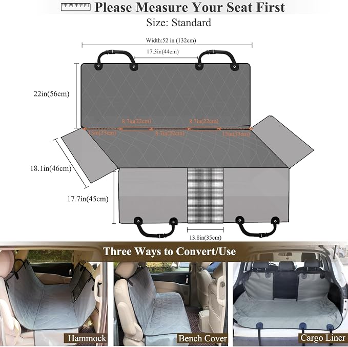 VIVAGLORY Dog Seat Cover Dog Hammock, Standard, Grey | Seat Cover for Car Suv & Truck, Back Backseat Split Hair Resistant Protector for Pet