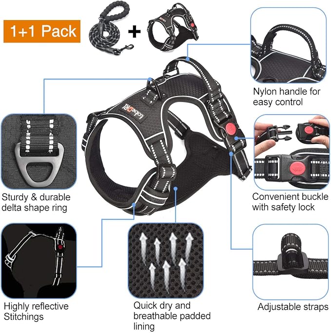 tobeDRI No Pull Dog Harness Adjustable Reflective Oxford Easy Control Medium Large Dog Harness with A Free Heavy Duty 5ft Dog Leash, Black, M