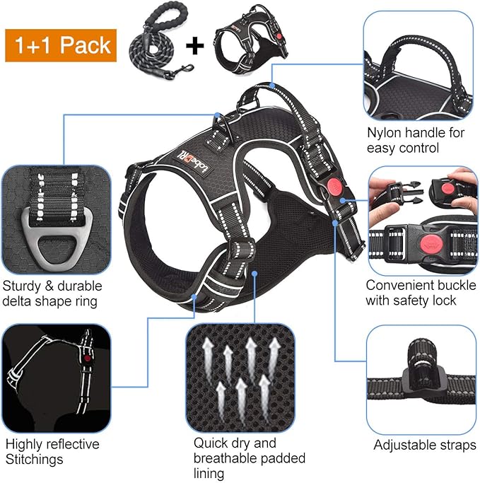 tobeDRI No Pull Dog Harness Adjustable Reflective Oxford Easy Control Medium Large Dog Harness with A Free Heavy Duty 5ft Dog Leash, Black, XL
