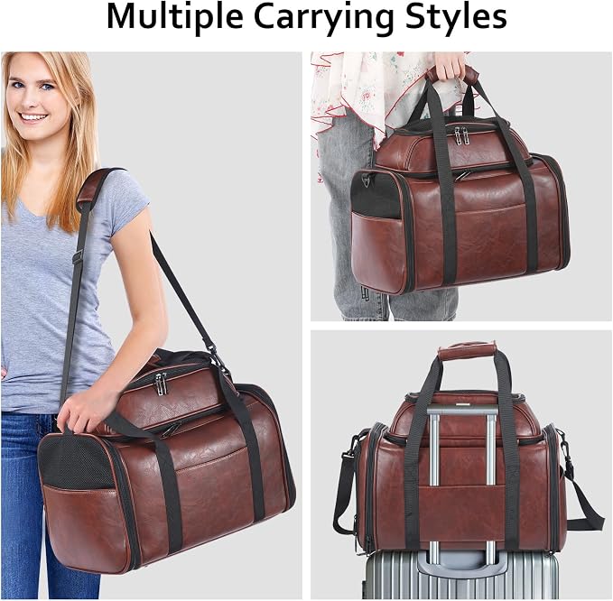 Premium Leather Top Expandable Pet Carrier for Small Dogs & Cats Under 15 lbs, Airline Approved Collapsible Soft-Sided Luxury Travel Bag Coffee