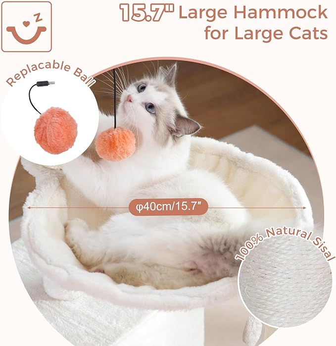 Flower Cat Tree 34" Scratching Post Small Cat Tower for Large Cats,Featuring with 15.7”Large Hammock, Removable Top Bed and Wide Condo for Indoor Cats-Beige | Cute Cat Tower with 15.7” Hammock, Spacious Cat House,34” Scratching Post,Removable Flower Be...