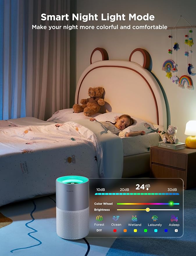 GoveeLife Air Purifier for Bedroom, Covers up to 1162ft², 24dB Sleep Mode | Smart Air Purifier with App & Alexa Control, RGB Night Light, PM2.5 Sensor Air Purifier for Pet Hair, Pollen, Dust, Smoke