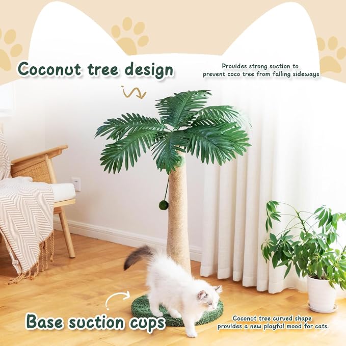 43.3inch Palm Tree Shape Style Sisal Cat Tree Scratching Post Cats, Wear Resistant Cat Claw Scratcher with Plush Stable Base & Hanging Toy Ball, Green