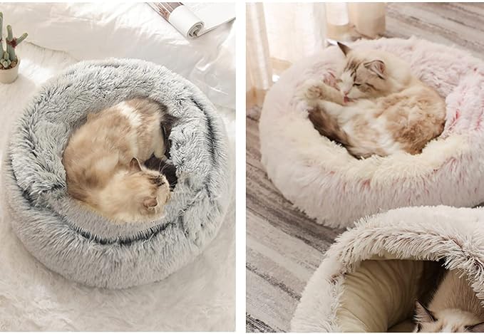YUDANSI Cat Bed Hooded for Indoor Cats, Dog Bed with Large Covered Hood for Small Dogs Cats Puppy Kitty, Anti Anxiety Donut Cuddler, Anti Slip Plush Faux Fur Enclosed Pet Nest (Washable)(Pink-20inch)