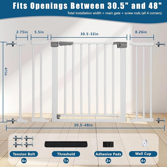 Rgqphantom 41" Tall Safety Pet Gate,Adjustable 30.5"-48" Wide(White) | Auto Close Cat Gate Suitable for Stairs,Doorways,White, Pet Safety Barrier