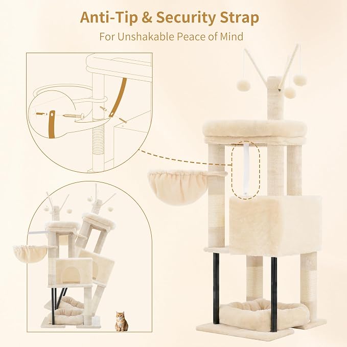 Heybly Cat Tree, 45.3" Cat Tower for Indoor Cats with Large Perch HCT202SM | All-in-One Cat Furniture with Cozy Bed, Hidden Space Cat Condo, Comfy Hammock, Scratching Posts & 3 Pompoms, Beige