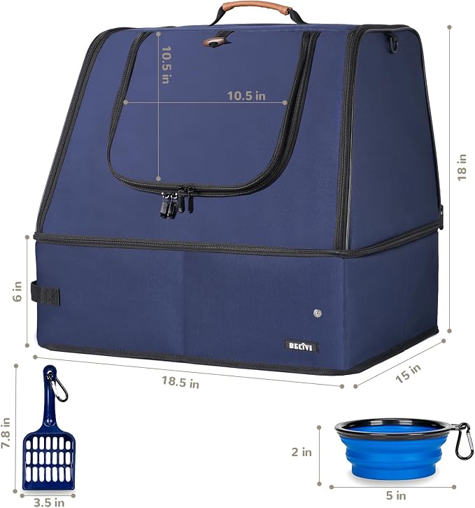 Portable Cat Travel Litter Box with Lid,No Collapse with Hard Base Insert at Bottom, Leak-Proof & Foldable, Easy Clean Odor-Control Cat Travel Essentials for Car, Hotel, Airplane, Camping,Trips Navy