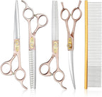 JASON Dog Grooming Scissors Set - 6 in 1 Professional Sharp Shears Rosegold | 7" Thinning, Chunker, Straight, Curved Shear and Comb for Cat Pet, Gift