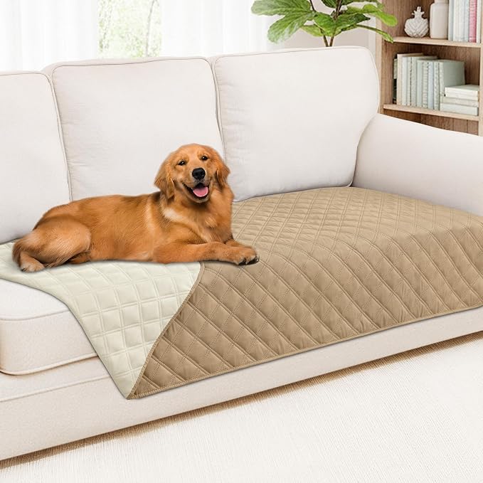 Smiry Waterproof Reversible Pet Couch Covers for Dogs | Pet Friendly, Soft Fabric, Washable Sofa Furniture Protector for Dogs Cat Kids, Checkered (40"x80", Camel/Beige)