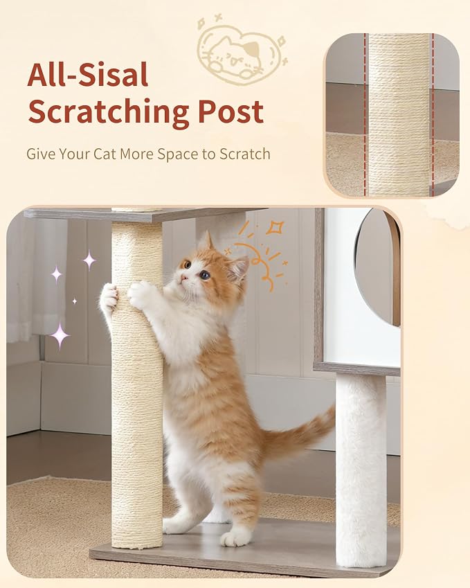 Heybly Cat Tree, 70.5" Wood Tall Cat Tower for Large Indoor Cats HCT121SG | Modern Cat Furniture with Extra Stable Structure, All-Sisal Scratching Posts, Cat Condo & Hammocks, Smoky Gray