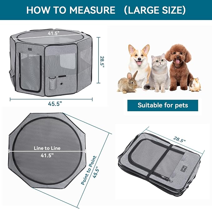Petsfit Portable Dog Playpen for for Large Dogs/Cat/Rabbit/Chick, with Water Bottle Holder and Carrying Case, for Travel/Indoor/Outdoor Use, Large (45.5"x45.5"x28.5")