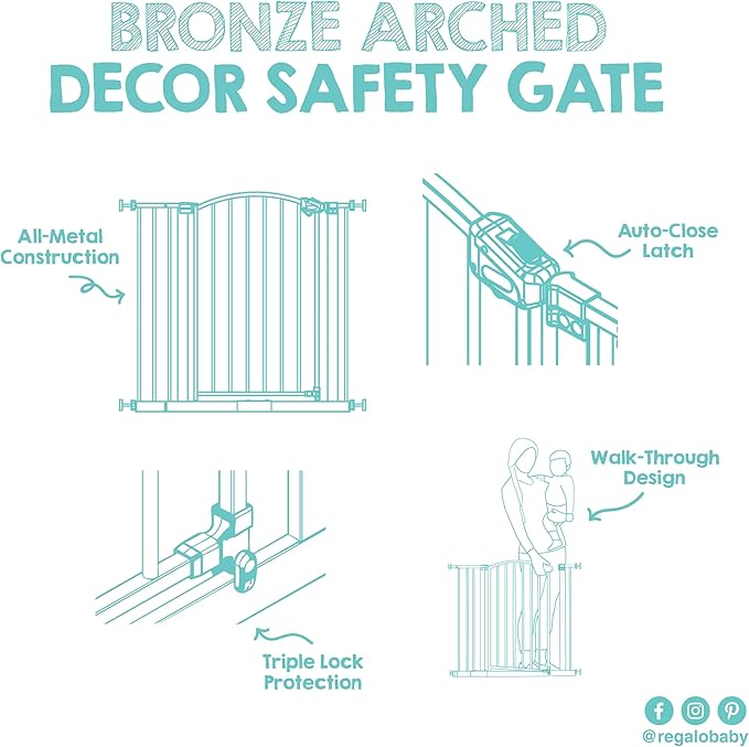 Regalo Safety 30"-35" Extra Wide Baby Gate, Bottom of Stairs & Doorways | Pressure Mounted with Door, For Babies, Toddlers & Pets, Bronze, Tested & Trusted for 30 Years