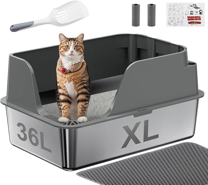 Non-Stick Stainless Steel Litter Box, XL Side Open Splash-Proof&Leak-Proof | Seamless Seal, Ellenpent Large Capacity, Cat Litter Box with Lid for Multi-Cats, Large Cats, Easy-Clean & Durable (Gray)