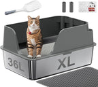Non-Stick Stainless Steel Litter Box, XL Side Open Splash-Proof&Leak-Proof | Seamless Seal, Ellenpent Large Capacity, Cat Litter Box with Lid for Multi-Cats, Large Cats, Easy-Clean & Durable (Gray)