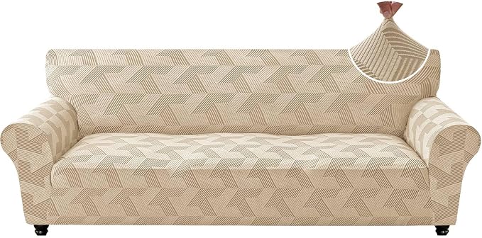 ZNSAYOTX Stretch Oversized Couch Covers for 3 Cushion Couch, 1-Piece Extra Large Sofa Cover Slipcover, Furniture Protector with Elastic Bottom Geometrical Jacquard Fabric (X-Large, Khaki)