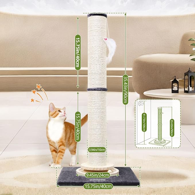 Globlazer 35in Tall 3.9-in Thick Cat Scratching Post for Adult Cats, SC35 | Durable Natural Sisal Rope, Solid Wood Track Ball Game, Interactive Hanging Toy, Enlarged Base, Custom Tier