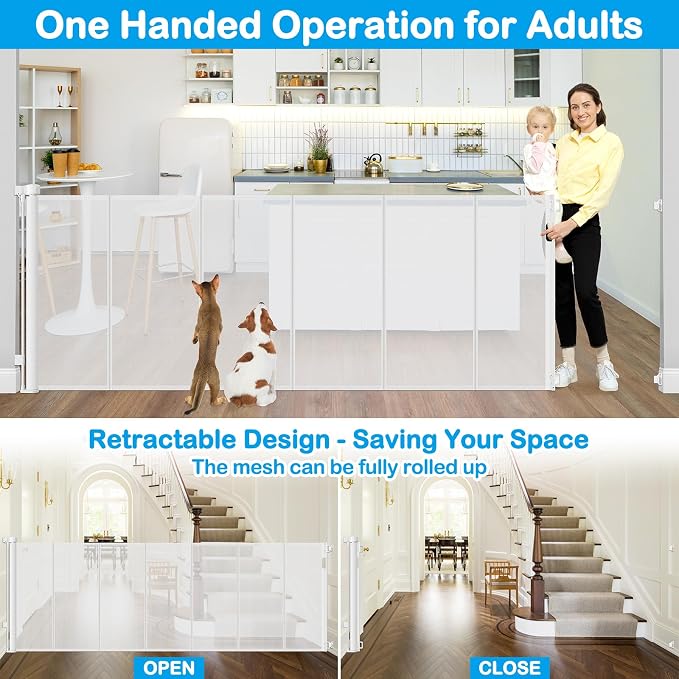 Reinforced 42" Extra Tall X 100" Extra Wide Baby Gate for Large Openings Stop Babies and Pets from Drilling Through Retractable Baby Gates Extra Tall Retractable Dog Gate No Sagging Retractable Gate