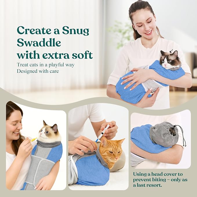 Supet Cat Grooming Wrap for Cutting Nails, Self-Adhesive Calm Cat Swaddle | Bite-Proof Mesh Hood & Thick Waist Strap Anti-Escape Anti-Scratch Bag for Nail Trimming, Medication, Ear Cleaning (Blue S)