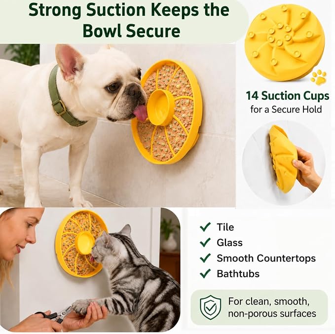 Slow Feeder Dog Bowl Silicone Suction Cup Anti Spill Dogs Cats Yellow | strong suction base prevents sliding, extends mealtime, reduces anxiety, textured surface, dishwasher safe