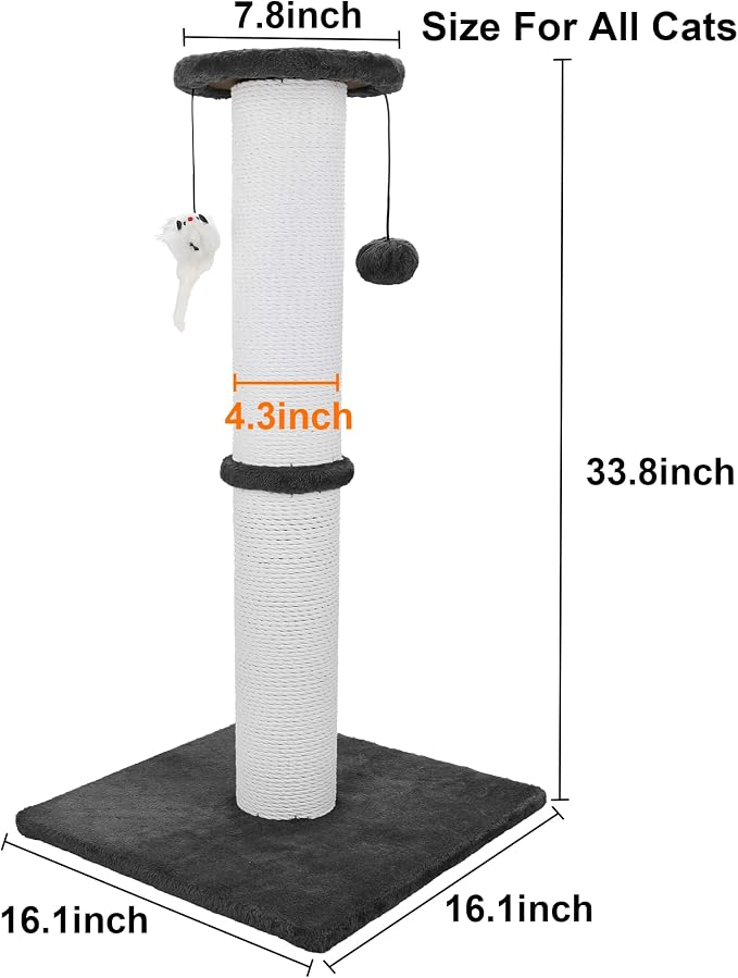 34-Inch Tall Cat Scratching Post for Large Cats, Stable Base, Black | Heavy-Duty Cat Scratcher, Extra-Tall Thick Post, Soft Natural Cotton Rope, Hanging Interactive Cat Toys, Indoor Cat Furniture