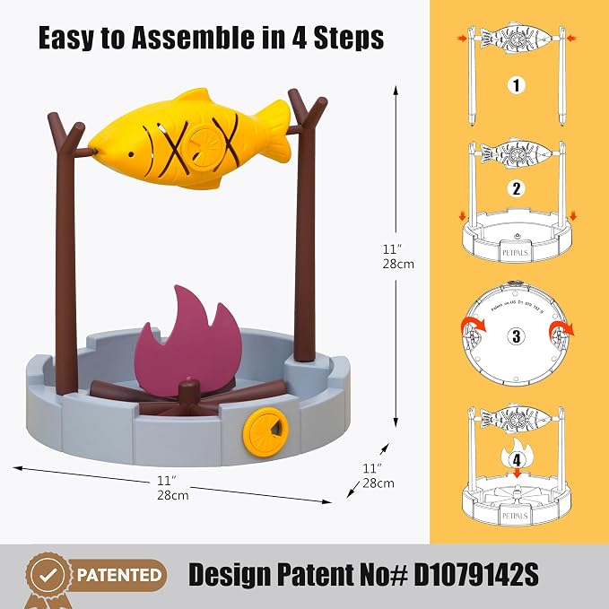 PetPals Cat Slow Feeder Treat Dispenser Interactive Cat Puzzle Fish Toy | Dry Food Dispensing Cat Toy for Small Pets & Kittens, Mental Stimulation Cat Feeding Toy Campfire Theme BBQ Fish Cat Toy