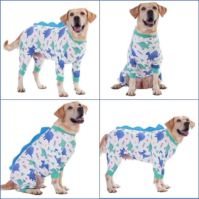 LovinPet Large Dog Pajamas, Four-Leg Stretch Onesie Bodysuit, Lightweight UV-Shielding Pajamas, Anti-Lick Calming Recovery Suit for Surgery, Pull-On for Medium and Large Breeds,White Blue,3XL