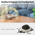 Elevated Cat Bowls, 15° Tilted Glass Raised Cat Food and Water Bowl | Stainless Steel Stand, 3 Large Capacity Glass Cat Bowls and 4 Anti Slip Feet, Suitable for Cats and Little Dogs