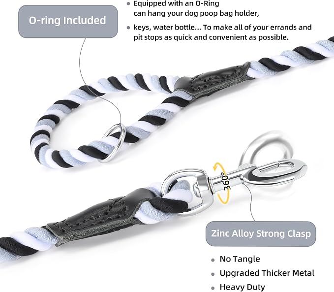 Mile High Life Rainbow Dog Leash Braided Cotton Rope w Leather-Wrapped Ends | Rust-proof 360° swivel clasp, Heavy-duty for medium/large breeds. Great for weddings, daily walks (4FT, 1/2", Black/Gray)