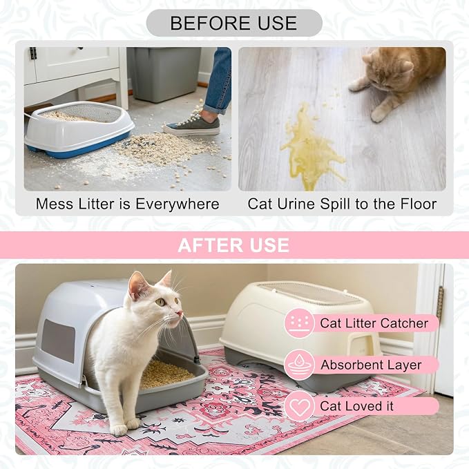 BEAUTYZOO Cat Litter Mat Litter Trapping Mat, 28"x 36" Large Litter Box Mat, Waterproof Kitty Litter Mat, Non-Slip Litter Rug Mats Pads for Floor Scatter Control, Soft on Paws & Easy to Clean, Pink