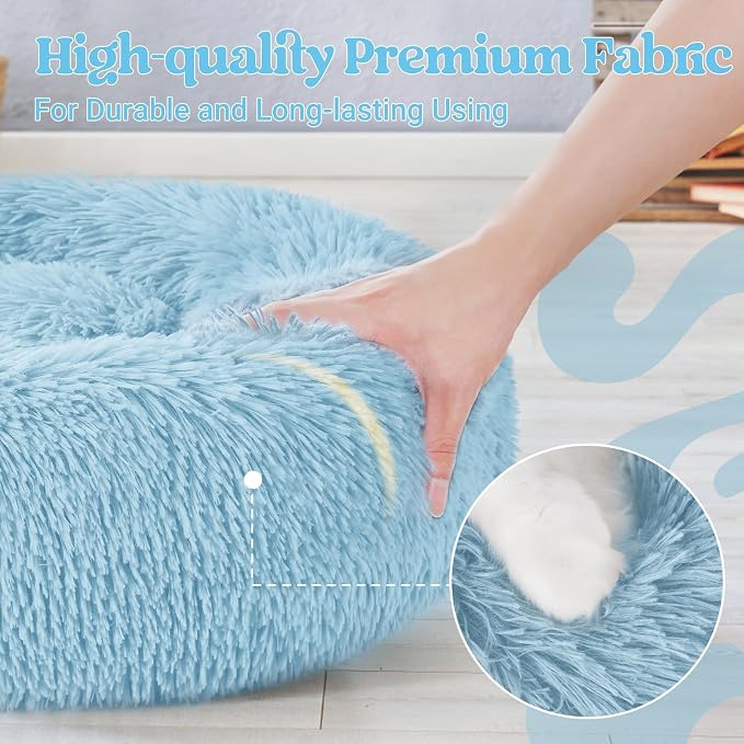 rabbitgoo Calming Cat Beds for Indoor Cats, 20 inches, Light Blue | Soft Warm Donut, Fluffy Faux Fur, Supportive Raised Rim, Anti-slip, Machine Washable, Up to 15lbs Kittens & Small Cats