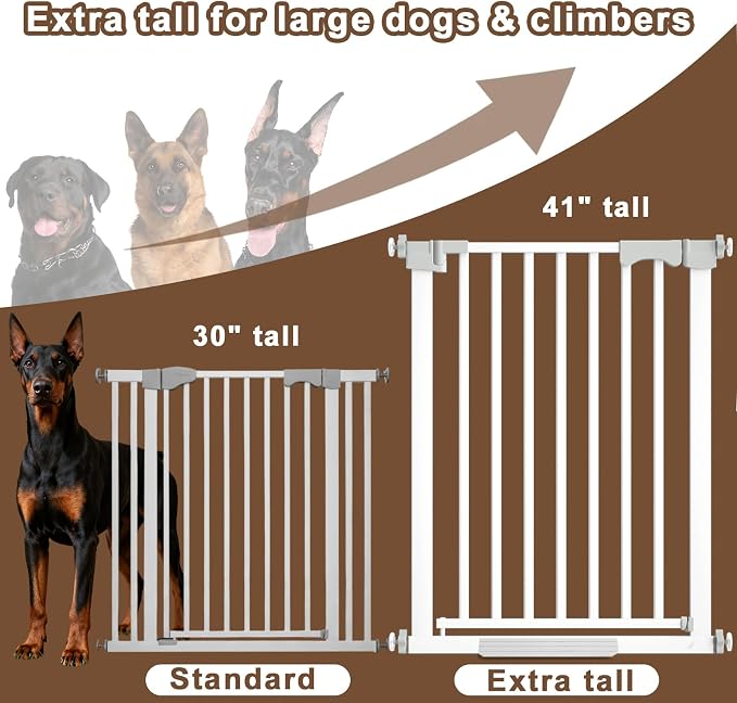 41'' Extra Tall Baby Gate for Large Dogs Pets Indoor No Jumping Over, 30-49.2'' Wide Heavy Duty Puppy Gate for Doorways, Pressure Mounted Metal Gate for Child Toddler No Tools Needed(White)
