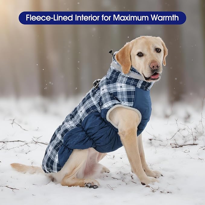 FUAMEY Dog Cold Weather Coats Reflective Dog Warm Jacket with Harness | Fleece Puppy Coat for Small Dogs Snow Puffer Vests with Zipper Reflective Turtleneck Jackets for Winter Blue Plaid XS