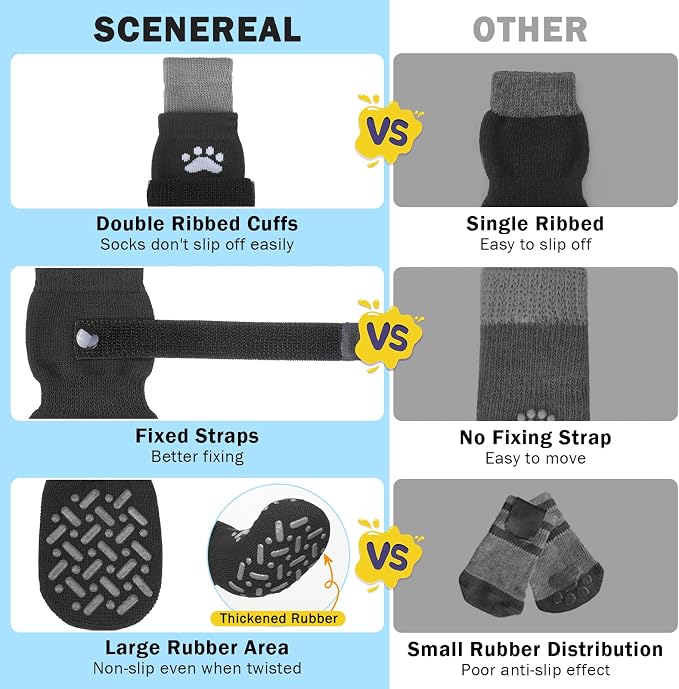SCENEREAL Anti Slip Dog Socks to Prevent Licking Paws, Dog Shoes for Hot/Cold Pavement, Paw Protector Traction Control on Hardwood Floor, Dog Shoes Booties for Puppy Small Medium Large Senior Dogs