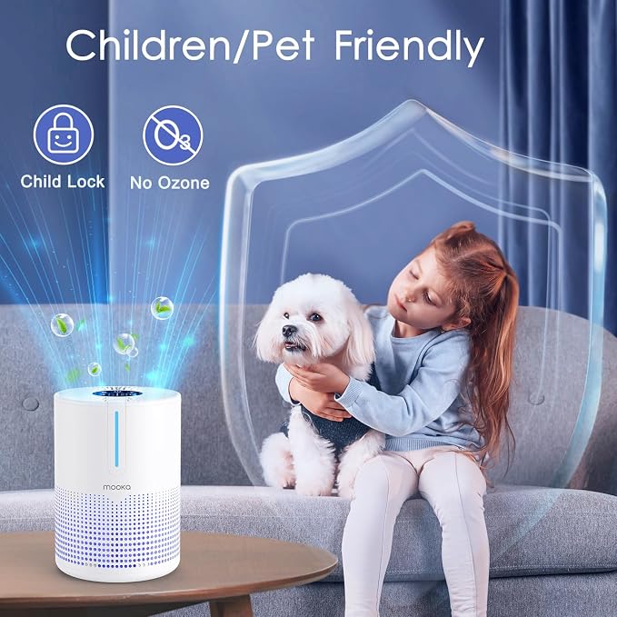 MOOKA Air Purifier for Bedroom Home Dorm 430 Ft², Compact HEPA Air Cleaner | 15dB Quiet Sleep Mode, Aroma Function, Desktop, Office, Meet GRS, Filter Smoke Pollen Pet Hair Dander, Save Energy, M01 White