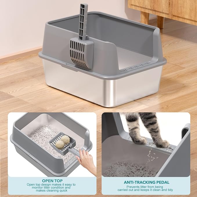 Stainless Steel Cat Litter Box, Metal Kitty Litter Box with High Sides for Small Cats,Kittens, Open Top Litter Boxes with Anti-Leak Lid,Odorless,Non-Sticky, Easy to Clean,Scoop Include,M