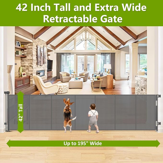 Reinforced 42" Tall 195" Extra Wide Retractable Fence Outdoor/Indoor, Gray | Tall Baby Gate Extra Long Dog Gate for Gagage, Space-Saving, Easy to Use, Safety Lock, Scratch-Resistant Mesh, Easy Install