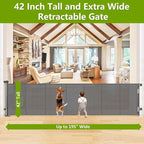 Reinforced 42" Tall 195" Extra Wide Retractable Fence Outdoor/Indoor, Gray | Tall Baby Gate Extra Long Dog Gate for Gagage, Space-Saving, Easy to Use, Safety Lock, Scratch-Resistant Mesh, Easy Install